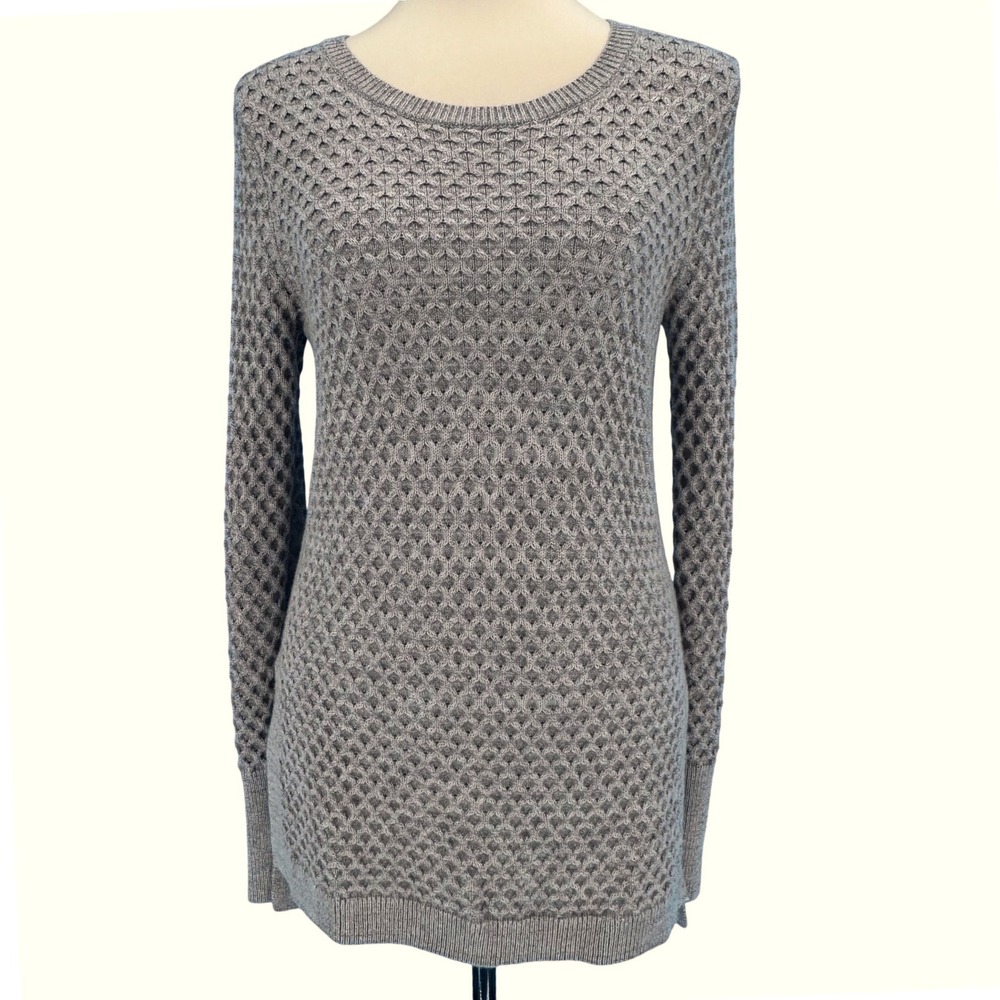 Athleta Merino Wool Honeycomb Knit Sweater Taupe Heather Crew Neck Small
